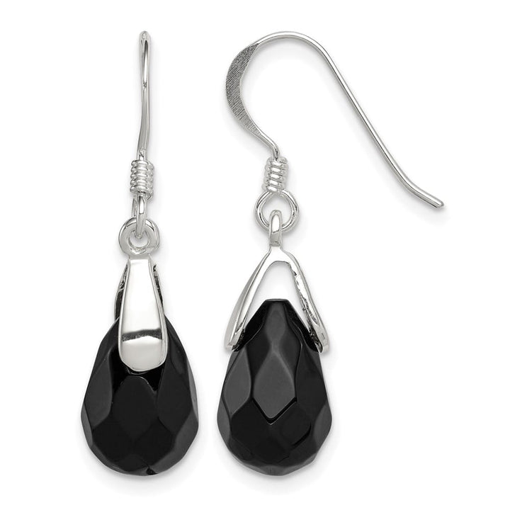 Sterling Silver Polished Faceted Onyx Teardrop Dangle Earrings, view 1 of 4
