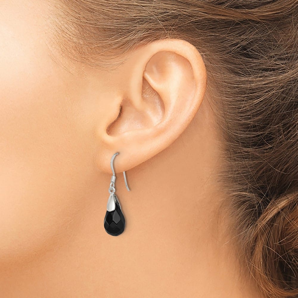 Sterling Silver Polished Faceted Onyx Teardrop Dangle Earrings, view 3 of 4