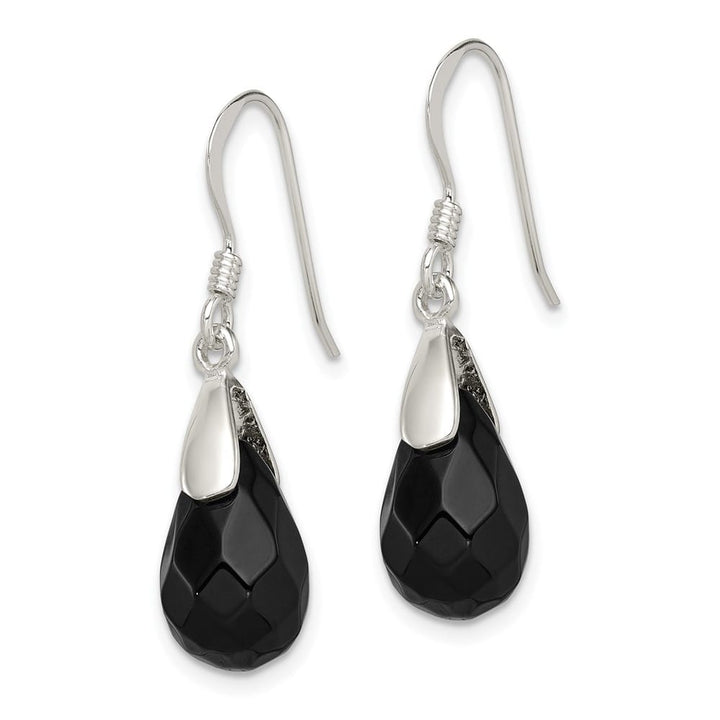 Sterling Silver Polished Faceted Onyx Teardrop Dangle Earrings, view 2 of 4