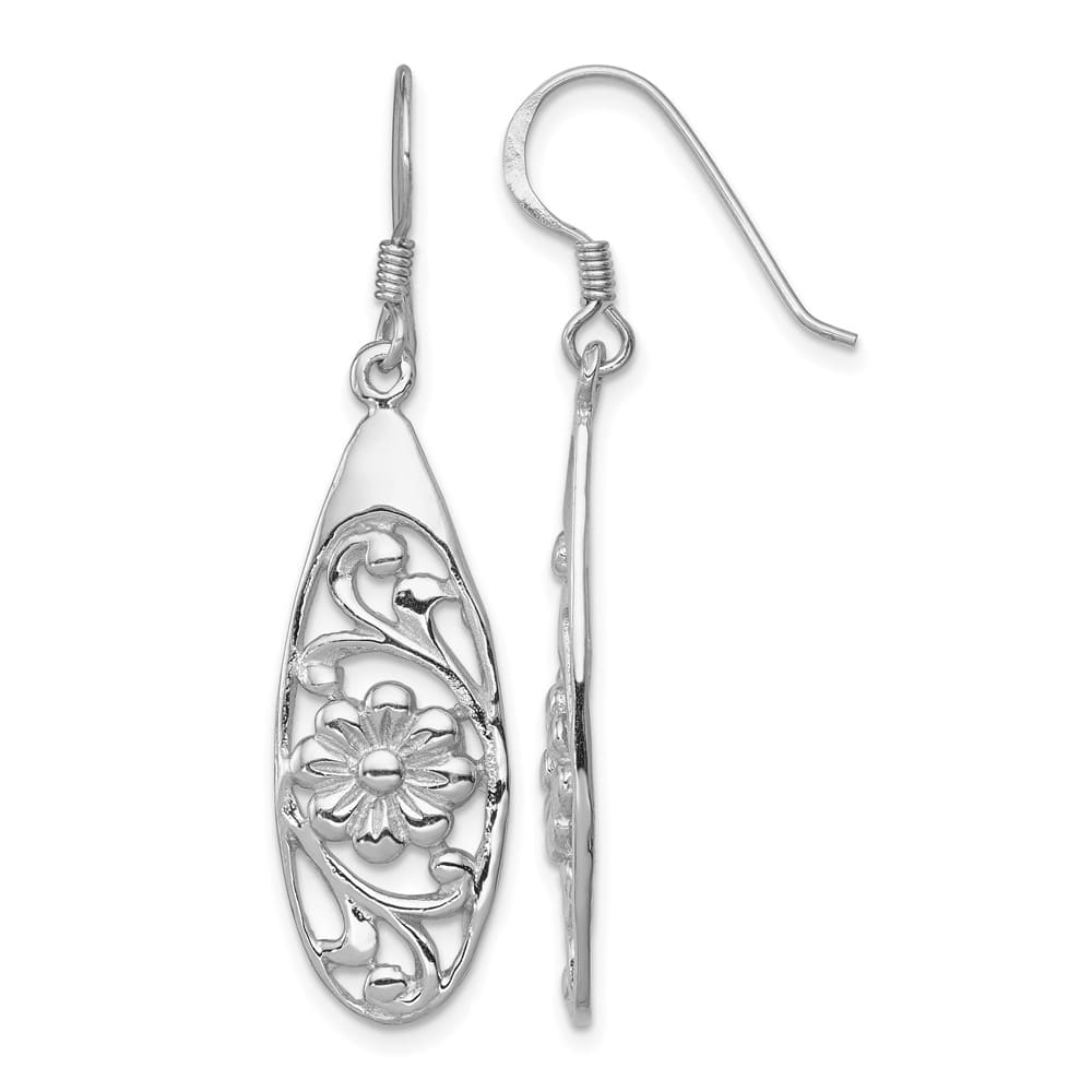 Sterling Silver Polished Fancy Flower Dangle Earrings, view 1 of 4