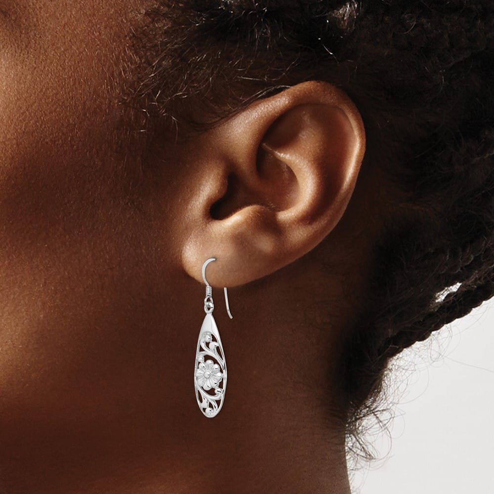 Sterling Silver Polished Fancy Flower Dangle Earrings, view 3 of 4