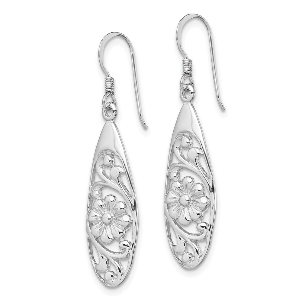 Sterling Silver Polished Fancy Flower Dangle Earrings, view 2 of 4