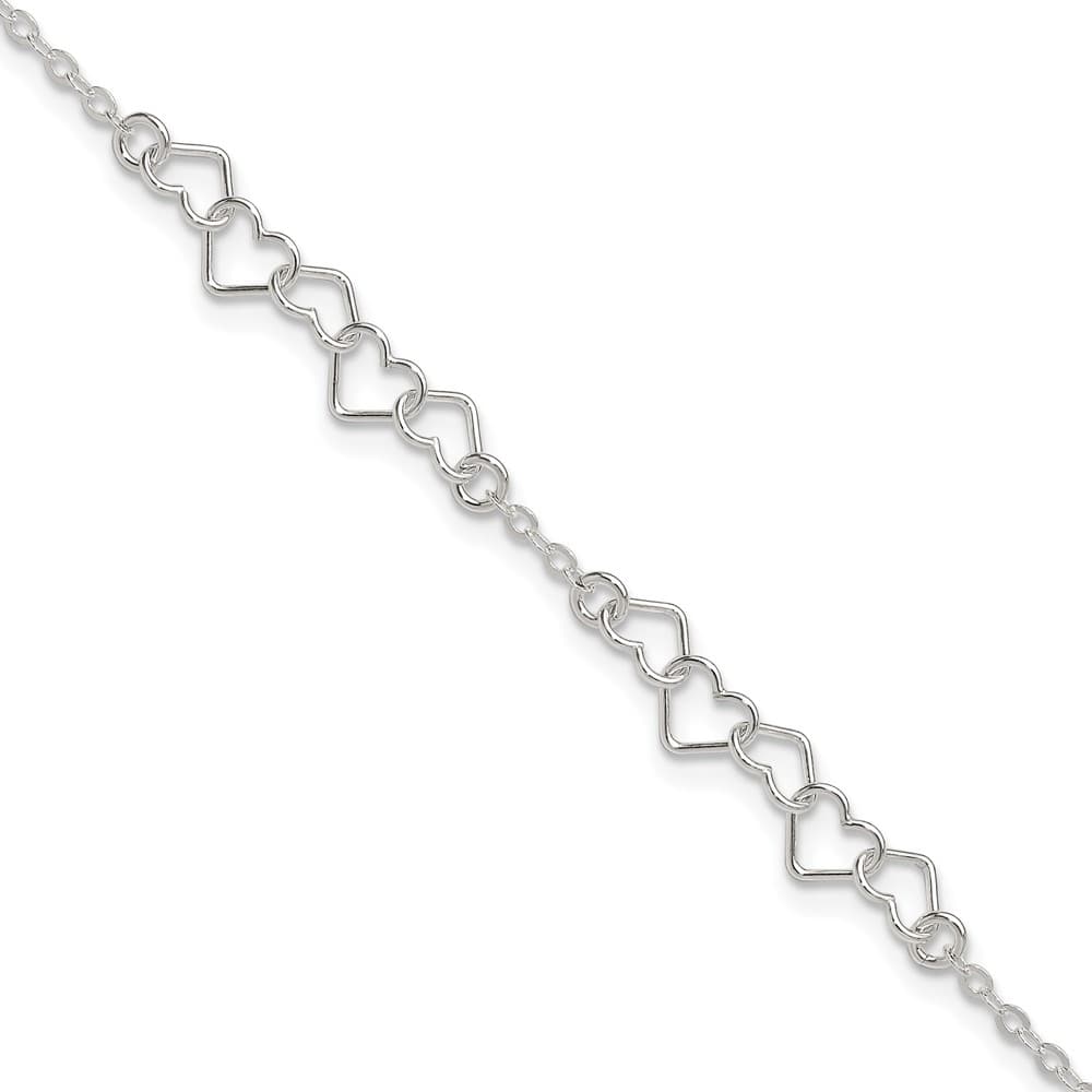 Sterling Silver Polished Fancy Heart Link 9 Inch Anklet — .925 sterling silver, 9 inches long, 6 mm wide, lobster clasp, 2.60 g