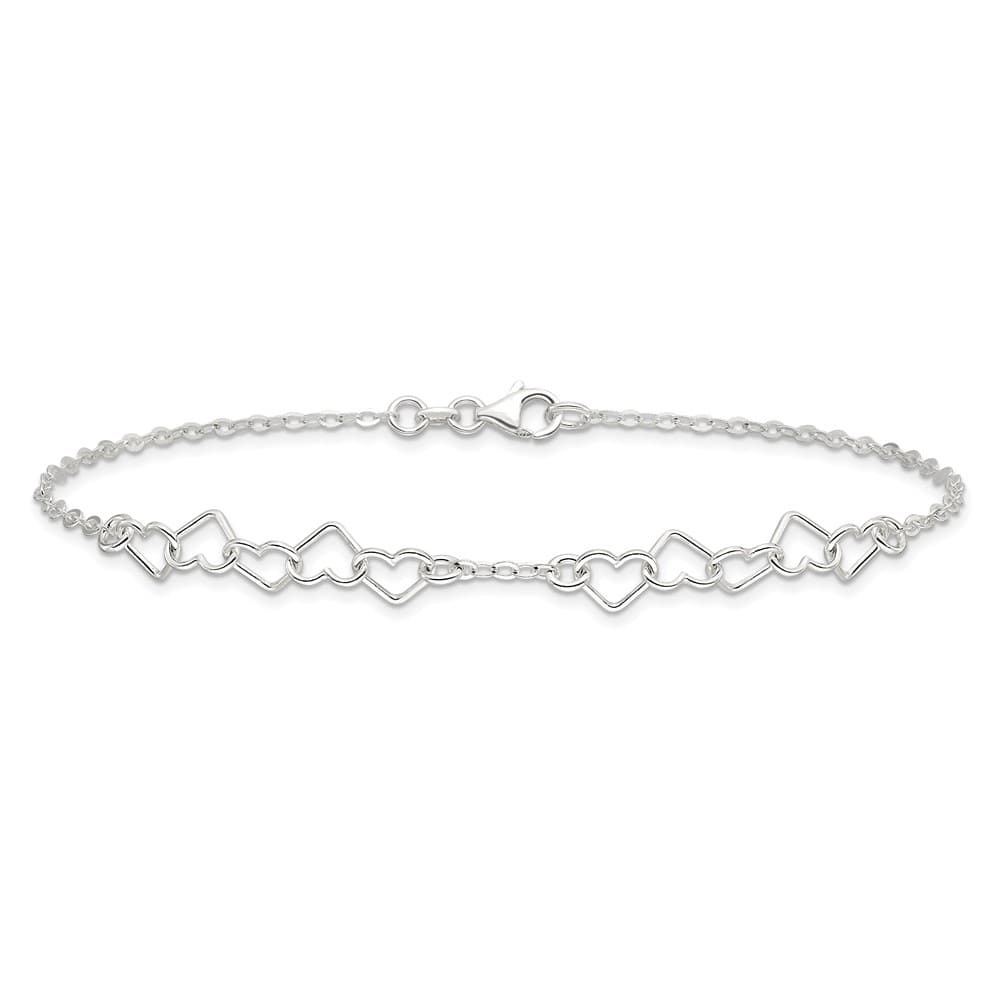 Sterling Silver Polished Fancy Heart Link 9 Inch Anklet