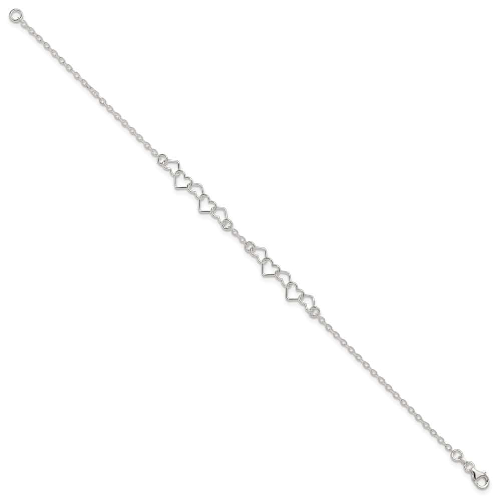 Sterling Silver Polished Fancy Heart Link 9 Inch Anklet