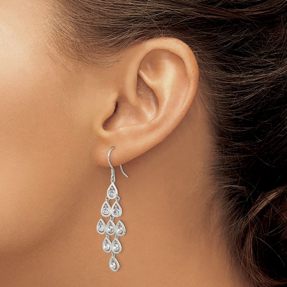 Sterling Silver Polished Fancy Pear CZ Chandelier Dangle Earrings, view 3 of 4