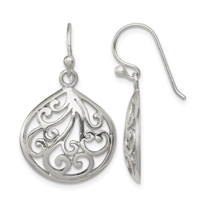 Sterling Silver Polished Filigree Swirl Wide Teardrop Dangle Earrings, view 1 of 4