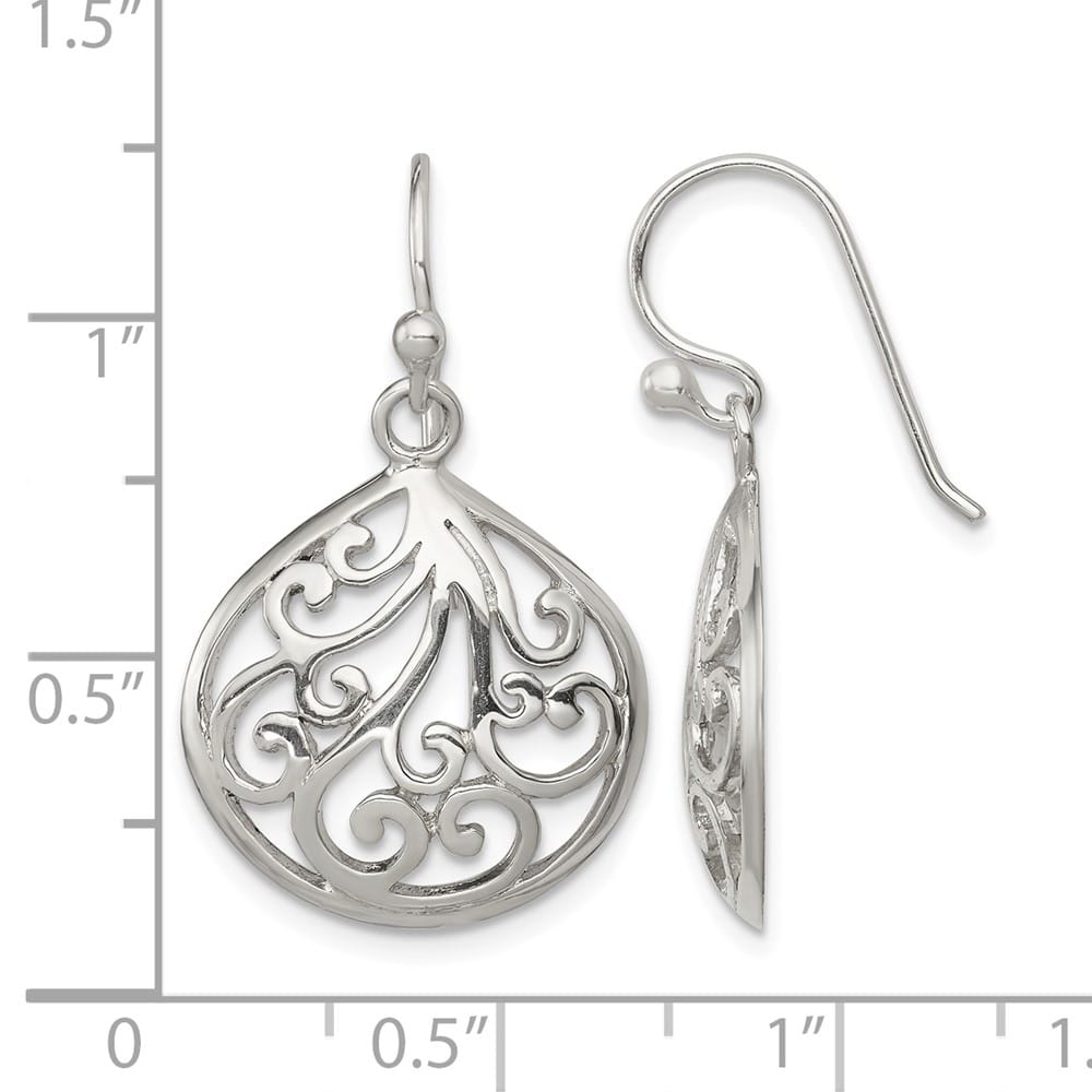 Sterling Silver Polished Filigree Swirl Wide Teardrop Dangle Earrings, view 4 of 4