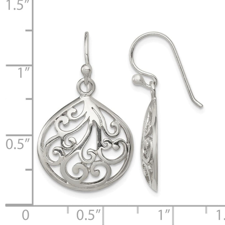 Sterling Silver Polished Filigree Swirl Wide Teardrop Dangle Earrings, view 4 of 4