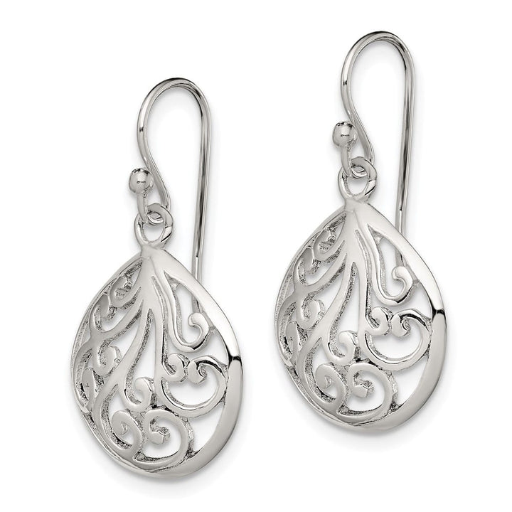 Sterling Silver Polished Filigree Swirl Wide Teardrop Dangle Earrings, view 2 of 4