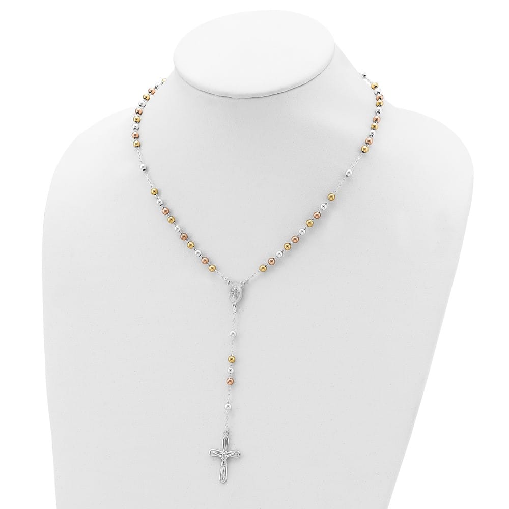 Sterling Silver Polished Gold-Tone Bead Rosary 18 Inch Necklace