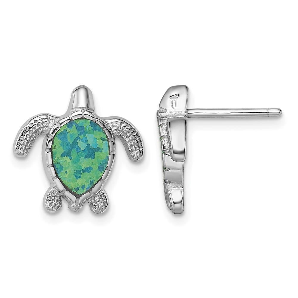 Sterling Silver Polished Green Created Opal Turtle Post Earrings, view 1 of 4