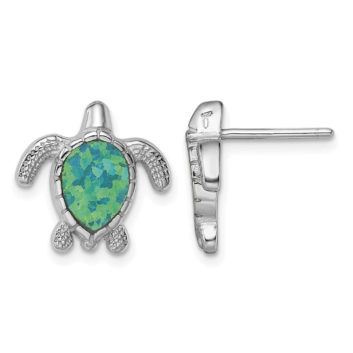 Sterling Silver Polished Green Created Opal Turtle Post Earrings, view 1 of 4