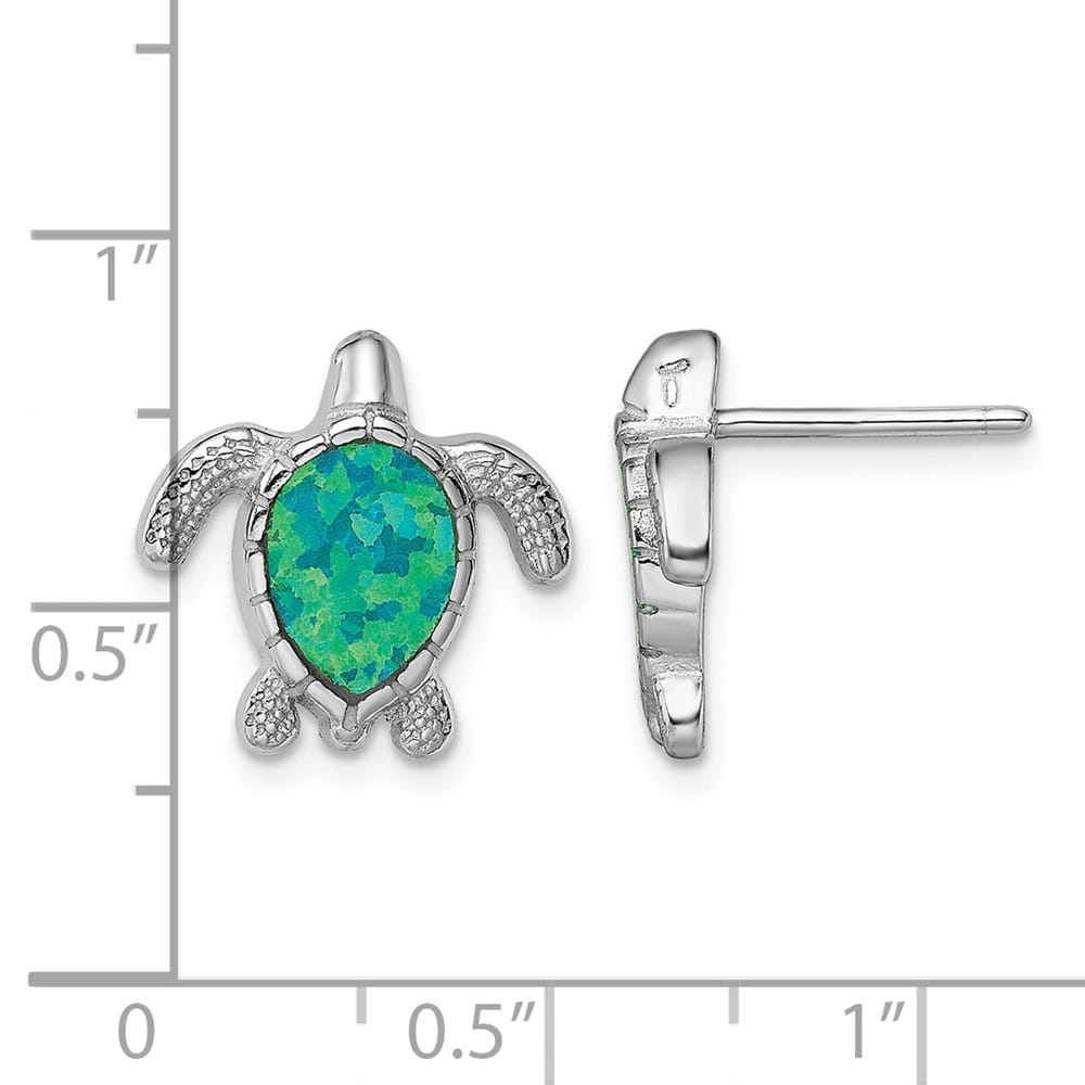 Sterling Silver Polished Green Created Opal Turtle Post Earrings, view 4 of 4
