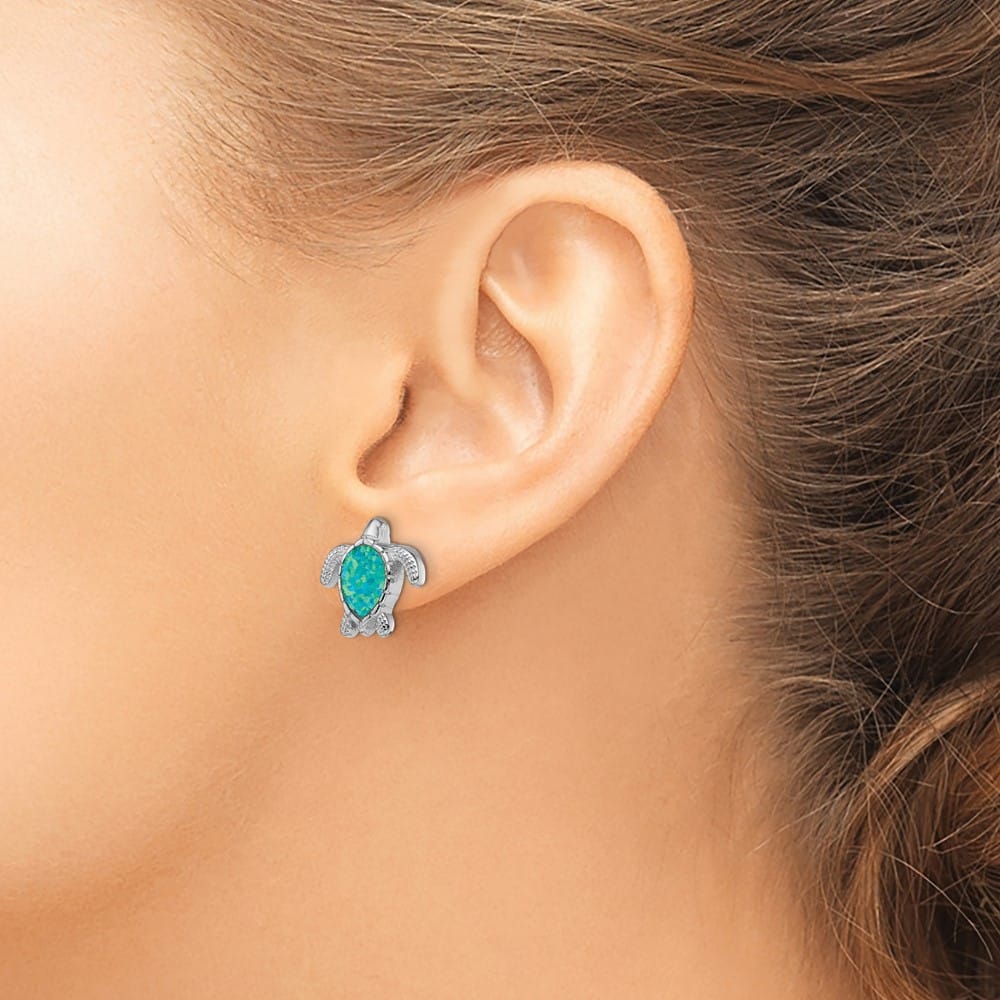 Sterling Silver Polished Green Created Opal Turtle Post Earrings, view 3 of 4