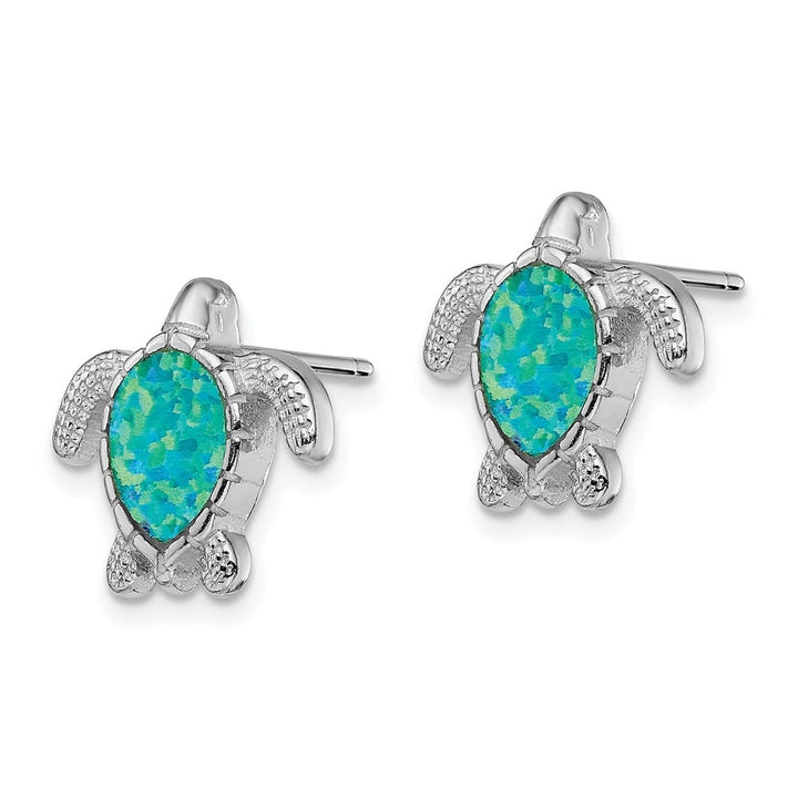 Sterling Silver Polished Green Created Opal Turtle Post Earrings, view 2 of 4