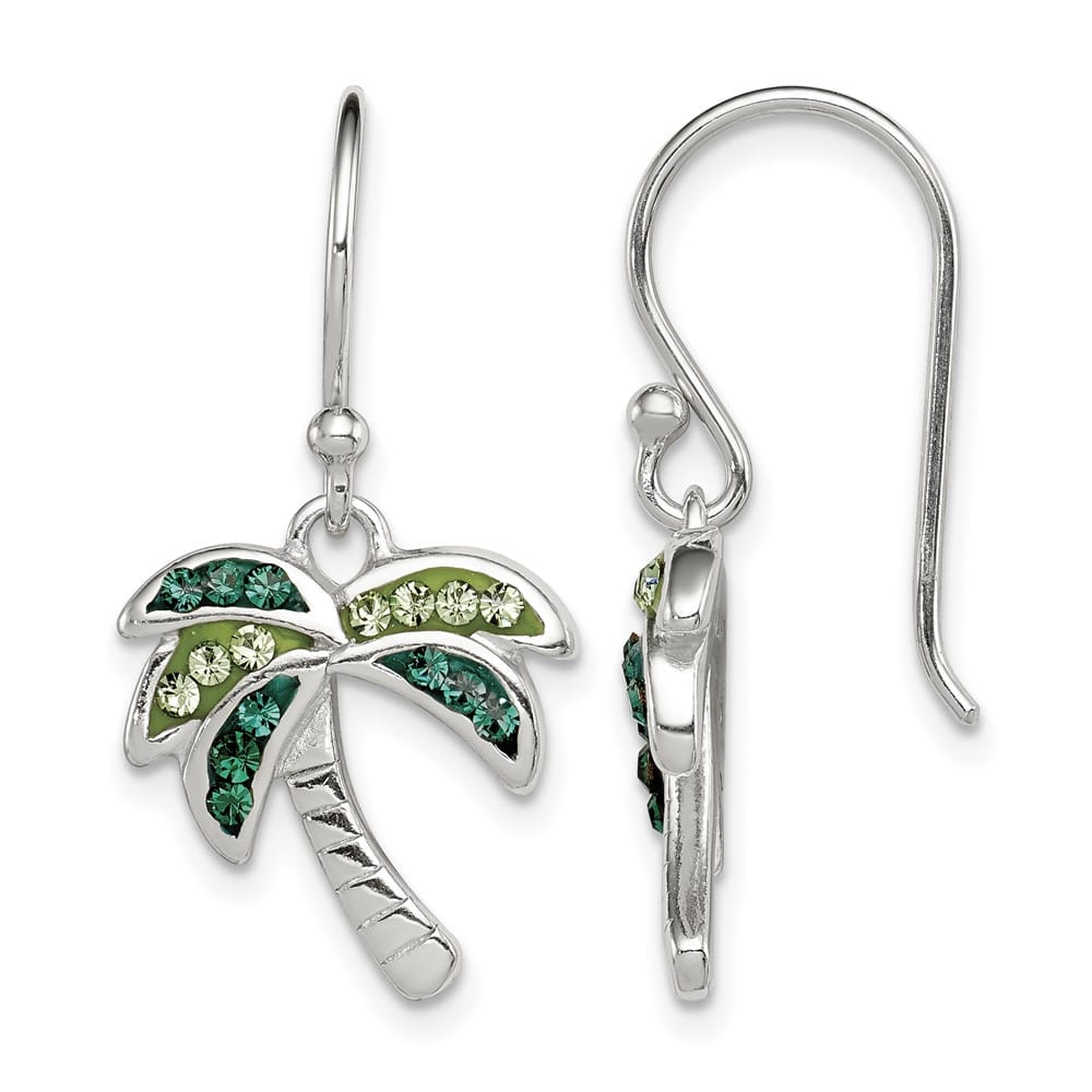 Sterling Silver Polished Green Crystal Palm Tree Earrings, view 1 of 4