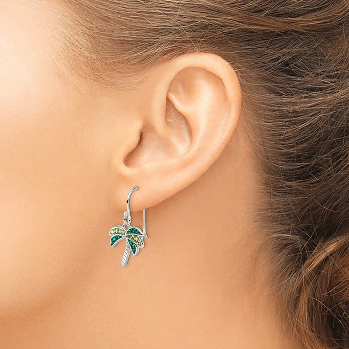 Sterling Silver Polished Green Crystal Palm Tree Earrings, view 3 of 4