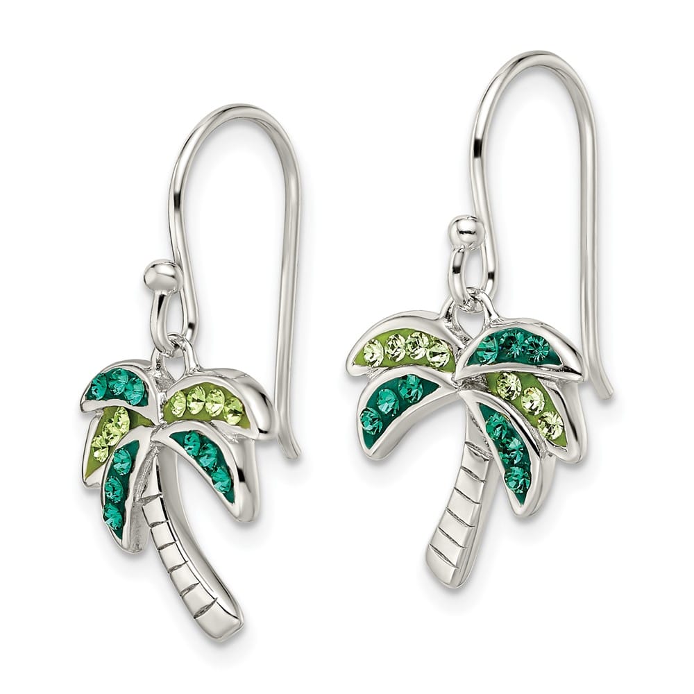 Sterling Silver Polished Green Crystal Palm Tree Earrings, view 2 of 4