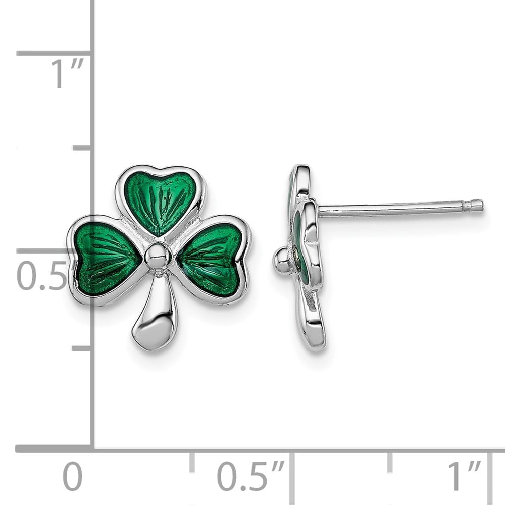 Sterling Silver Polished Green Enameled Shamrock Post Earrings