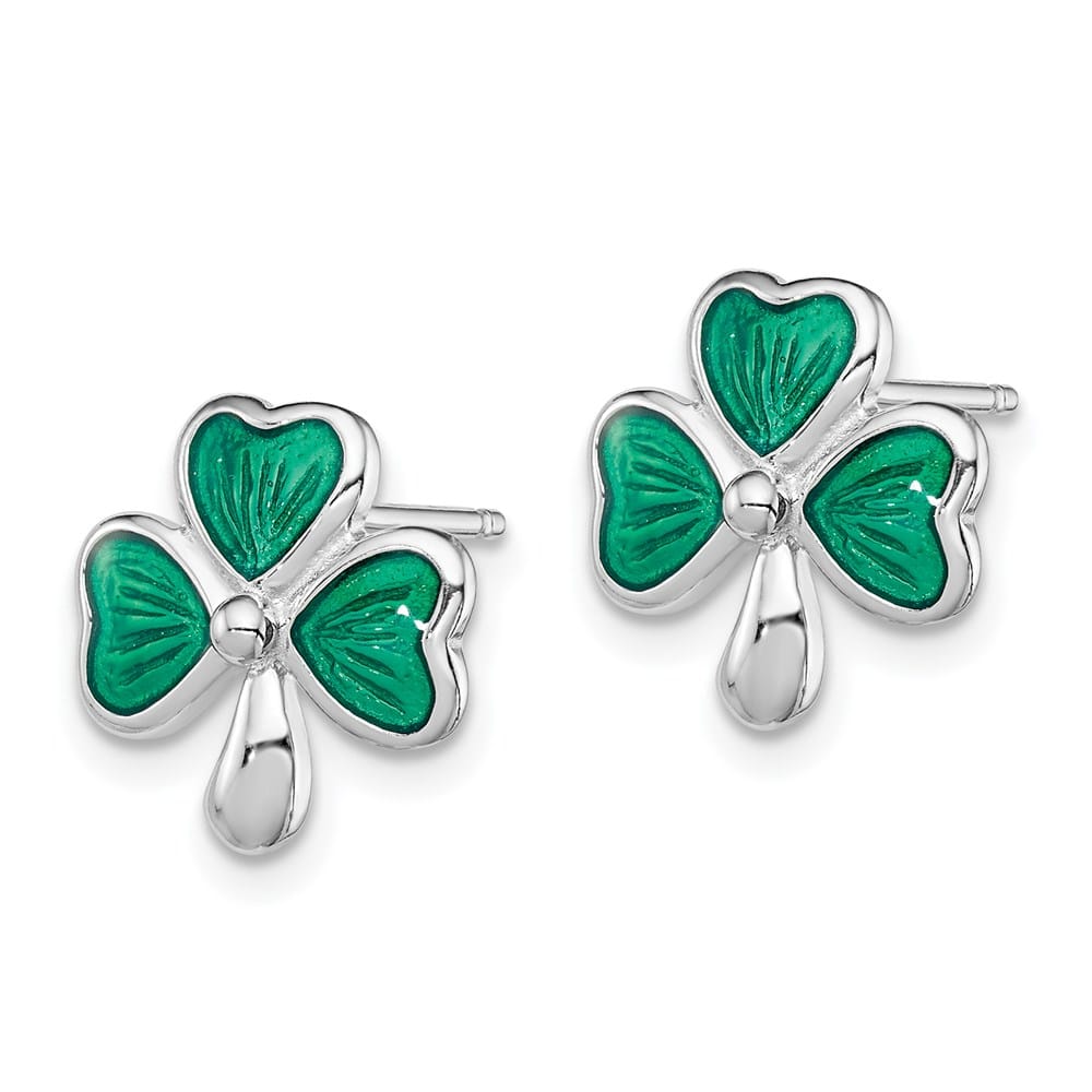 Sterling Silver Polished Green Enameled Shamrock Post Earrings