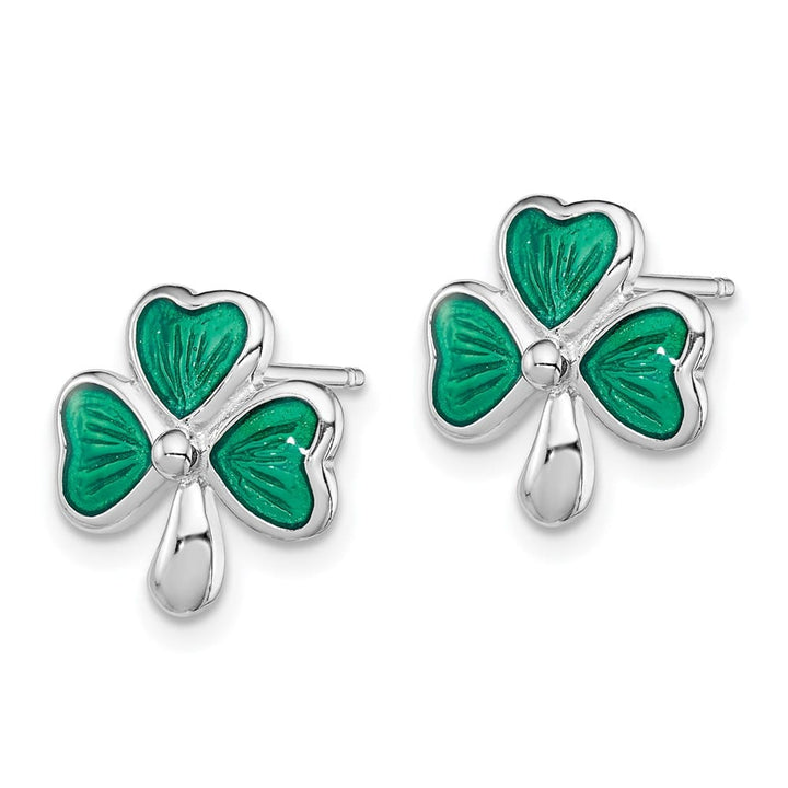 Sterling Silver Polished Green Enameled Shamrock Post Earrings
