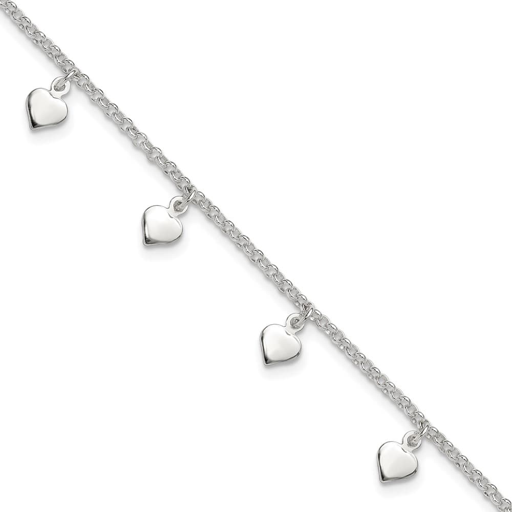 Sterling Silver Polished Hearts Anklet — .925 sterling silver, 10 inches long, 2 mm wide, lobster clasp, 4.98 g