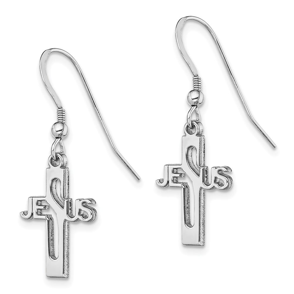 Sterling Silver Polished Jesus Cross Dangle Earrings, view 2 of 4