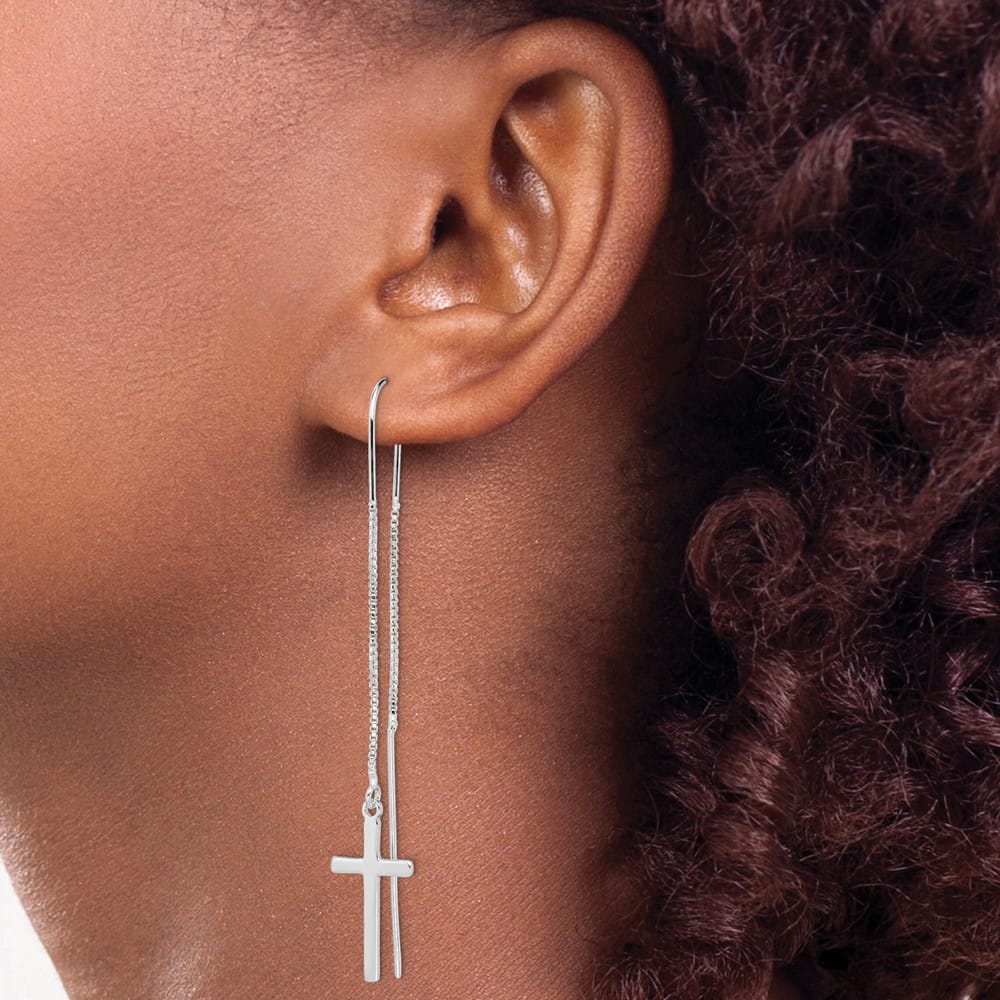 Sterling Silver Polished Latin Cross Threader Earrings, view 3 of 4