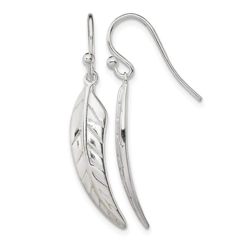 Sterling Silver Polished Leaf Dangle Shepherd Hook Earrings, view 1 of 4
