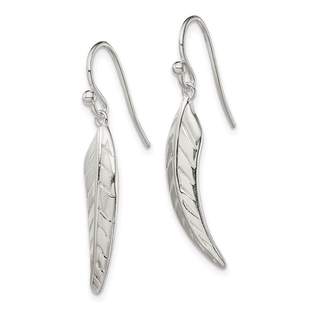 Sterling Silver Polished Leaf Dangle Shepherd Hook Earrings, view 2 of 4