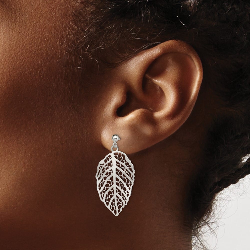 Sterling Silver Polished Leaf Post Dangle Earrings, view 3 of 4