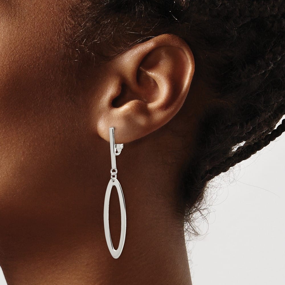 Sterling Silver Polished Non-Pierced Elongated Oval Dangle Earrings, view 3 of 4