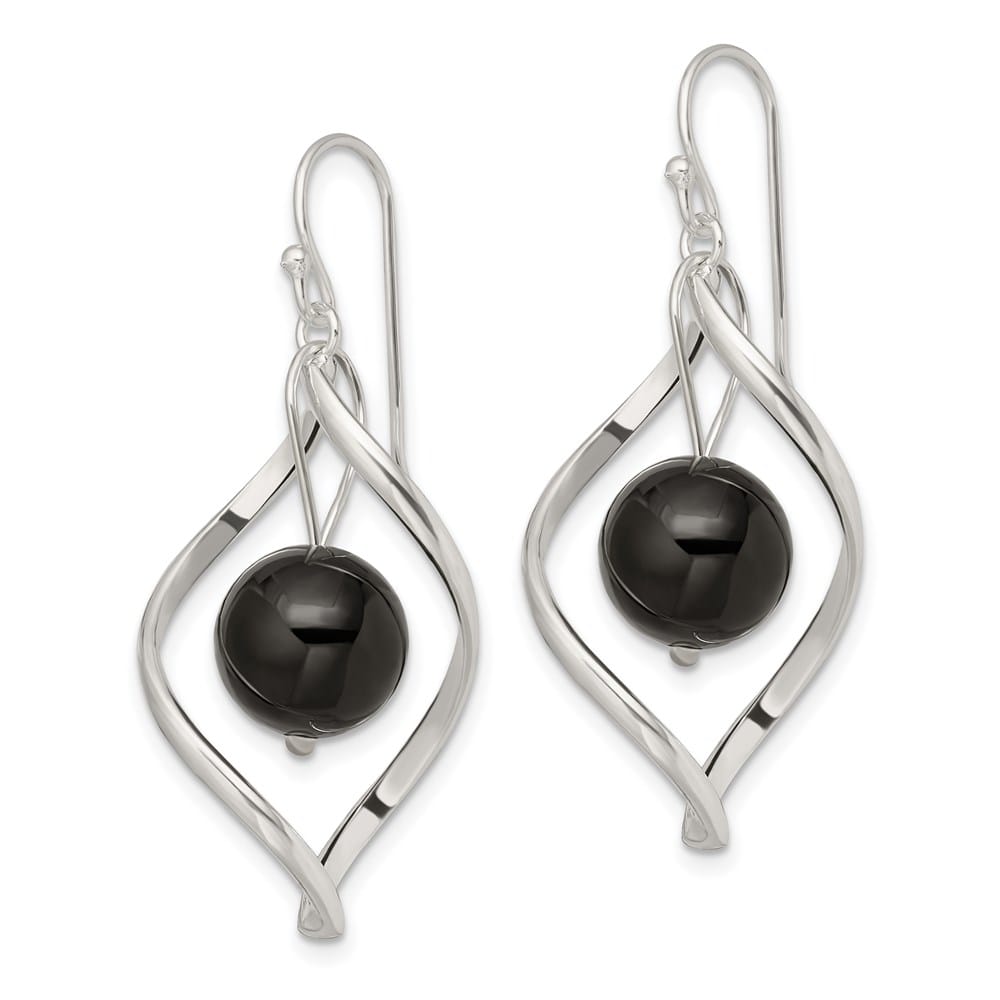 Sterling Silver Polished Onyx Twisted Dangle Earrings, view 2 of 4