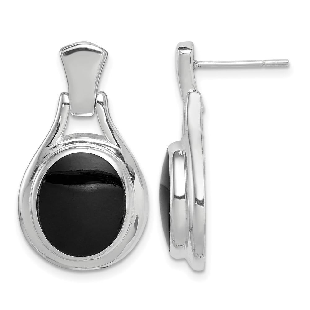 Sterling Silver Polished Oval Onyx Post Dangle Earrings, view 1 of 4