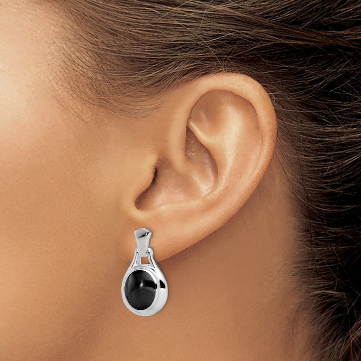 Sterling Silver Polished Oval Onyx Post Dangle Earrings, view 3 of 4