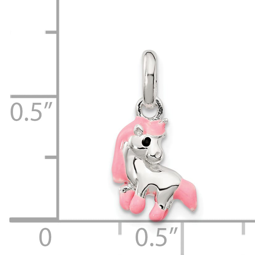 Sterling Silver Polished Pink & Black Enameled Pony Pendant