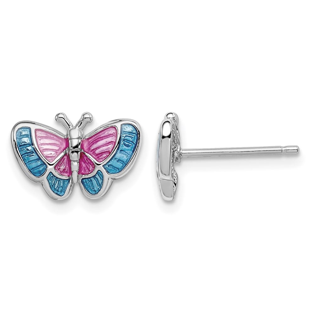 Sterling Silver Polished Pink & Blue Enameled Butterfly Post Earrings