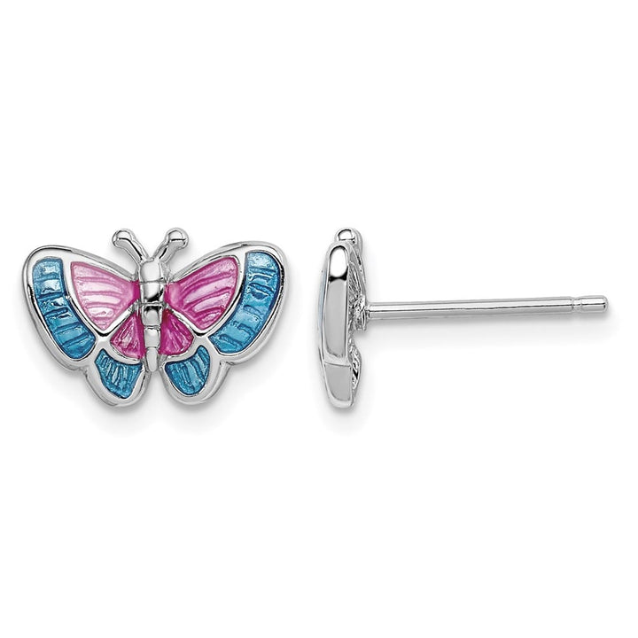 Sterling Silver Polished Pink & Blue Enameled Butterfly Post Earrings
