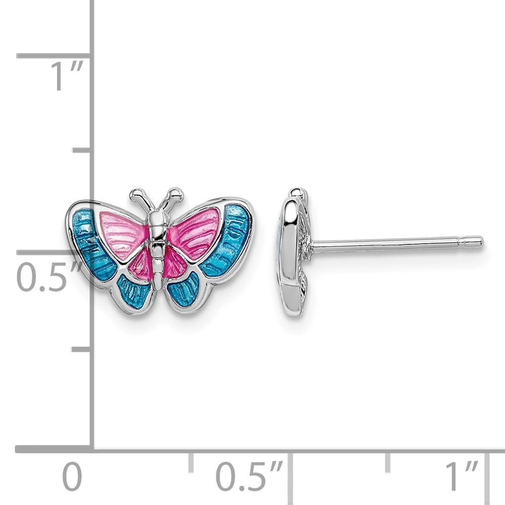 Sterling Silver Polished Pink & Blue Enameled Butterfly Post Earrings