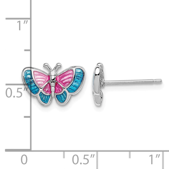 Sterling Silver Polished Pink & Blue Enameled Butterfly Post Earrings