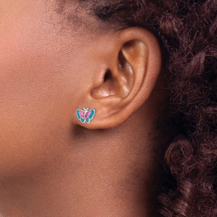 Sterling Silver Polished Pink & Blue Enameled Butterfly Post Earrings
