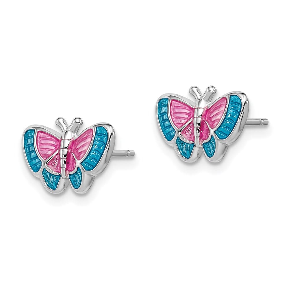 Sterling Silver Polished Pink & Blue Enameled Butterfly Post Earrings
