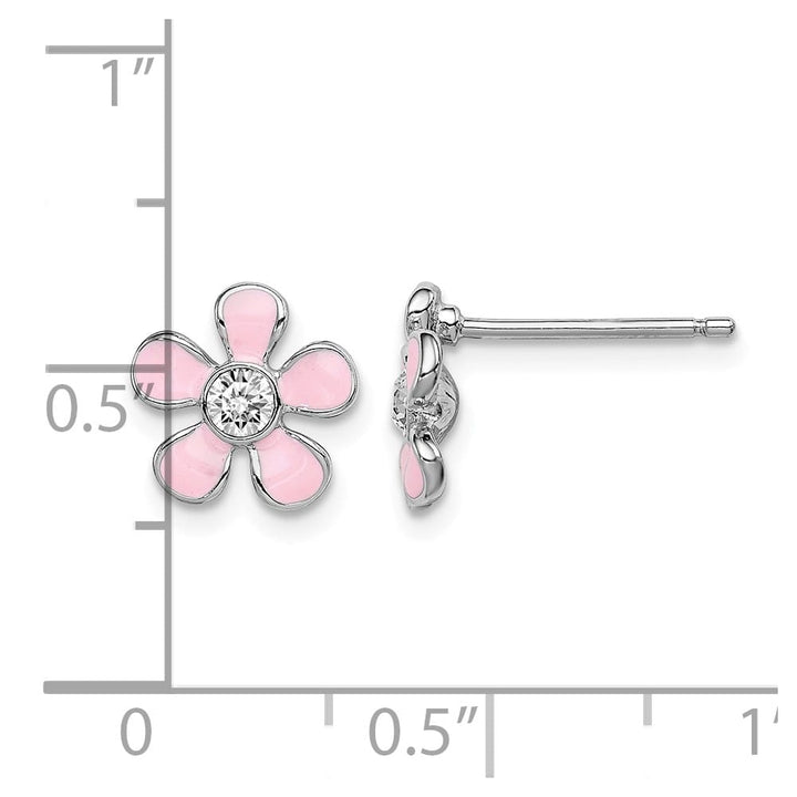 Sterling Silver Polished Pink Enamel & Crystal Flower Post Earrings