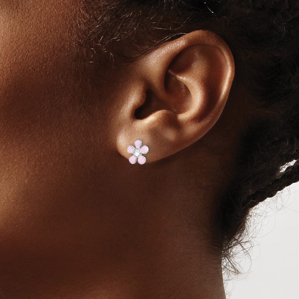 Sterling Silver Polished Pink Enamel & Crystal Flower Post Earrings