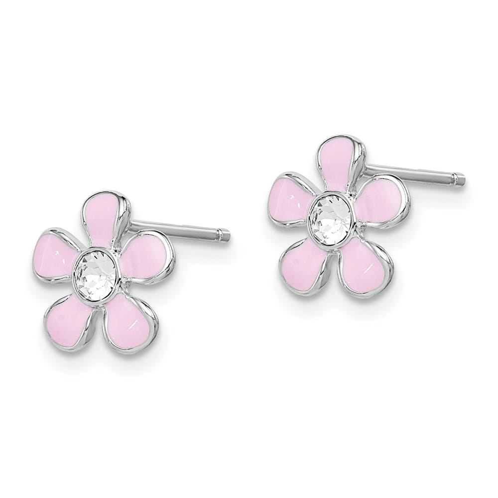 Sterling Silver Polished Pink Enamel & Crystal Flower Post Earrings