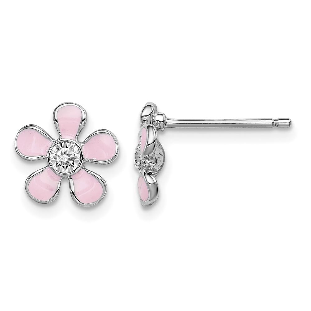 Sterling Silver Polished Pink Enamel & Crystal Flower Post Earrings