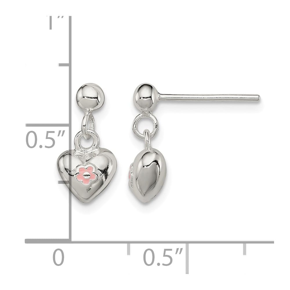 Sterling Silver Polished Pink Enamel Flower Heart Post Dangle Earrings