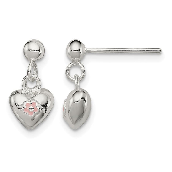 Sterling Silver Polished Pink Enamel Flower Heart Post Dangle Earrings