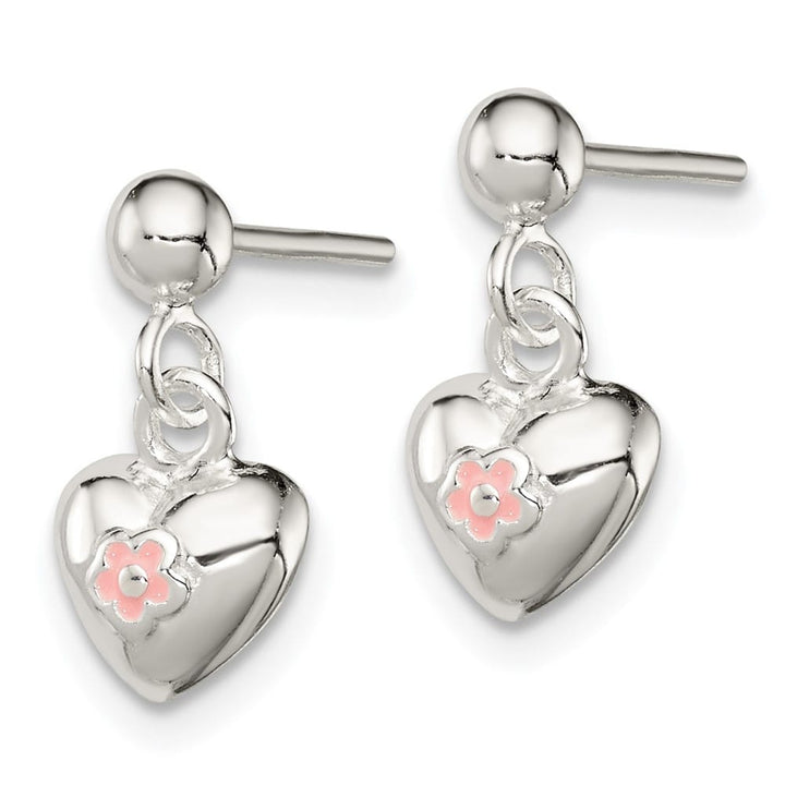Sterling Silver Polished Pink Enamel Flower Heart Post Dangle Earrings
